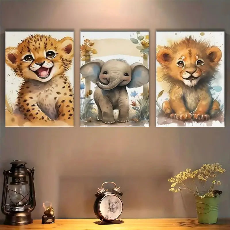 3pcs Rustic Jungle Animal Cheetah, Lion, Elephant Metal Print Ready to Hang Art