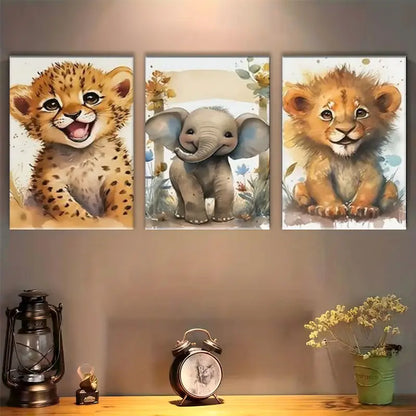 3pcs Rustic Jungle Animal Cheetah, Lion, Elephant Metal Print Ready to Hang Art