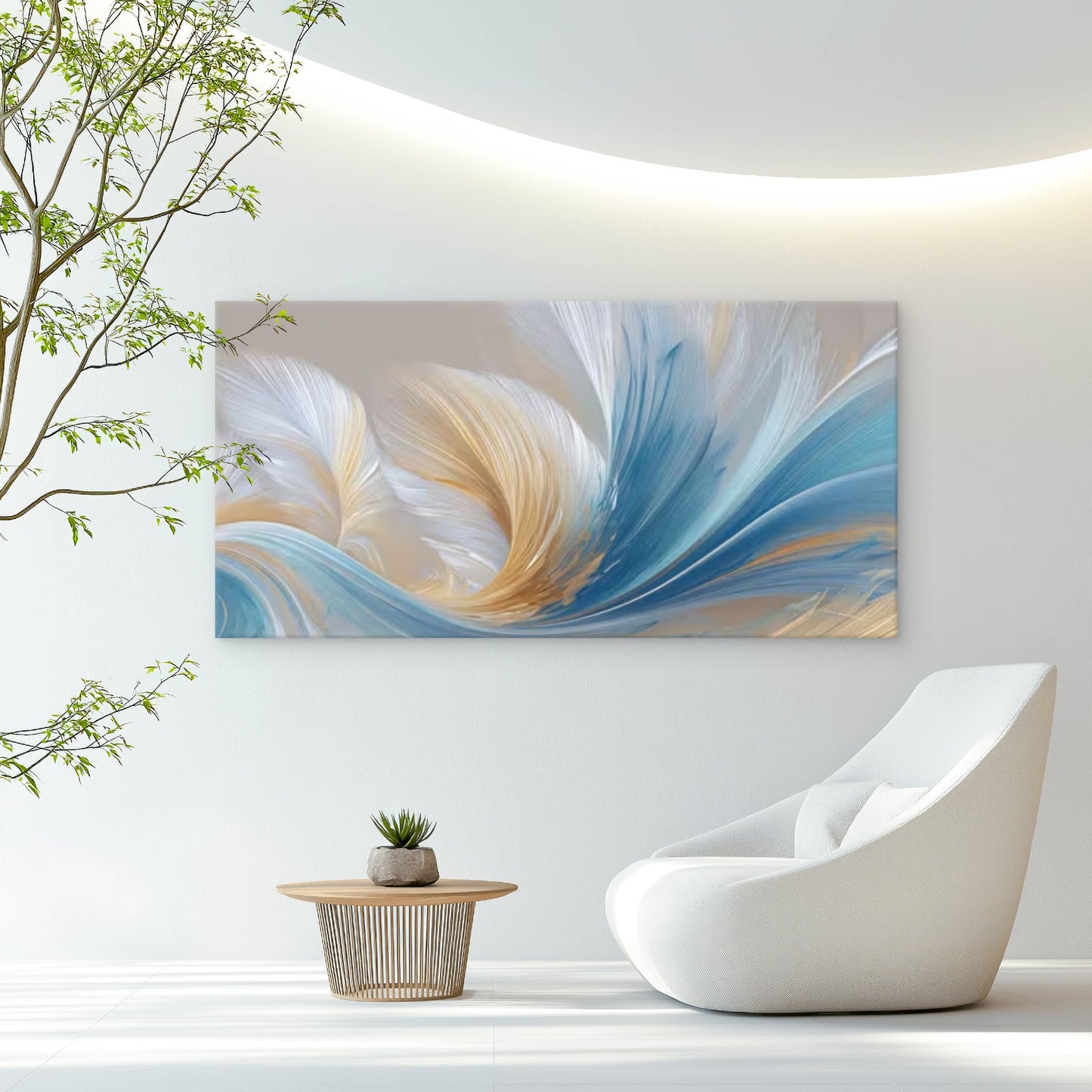 Golden & Blue Feather Abstract Wall Art Canvas Office Home Room Framed 120x60cm