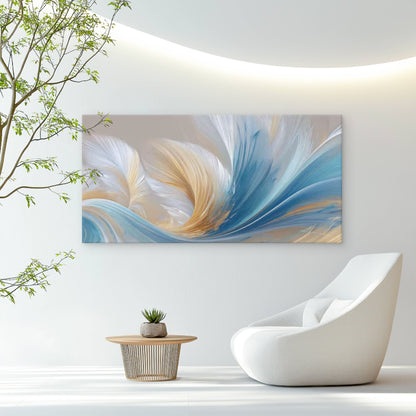 Golden & Blue Feather Abstract Wall Art Canvas Office Home Room Framed 120x60cm
