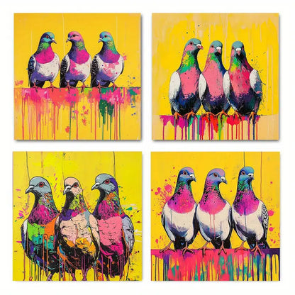 4pcs Colorful Abstract Birds Wall Art Canvas Framed
