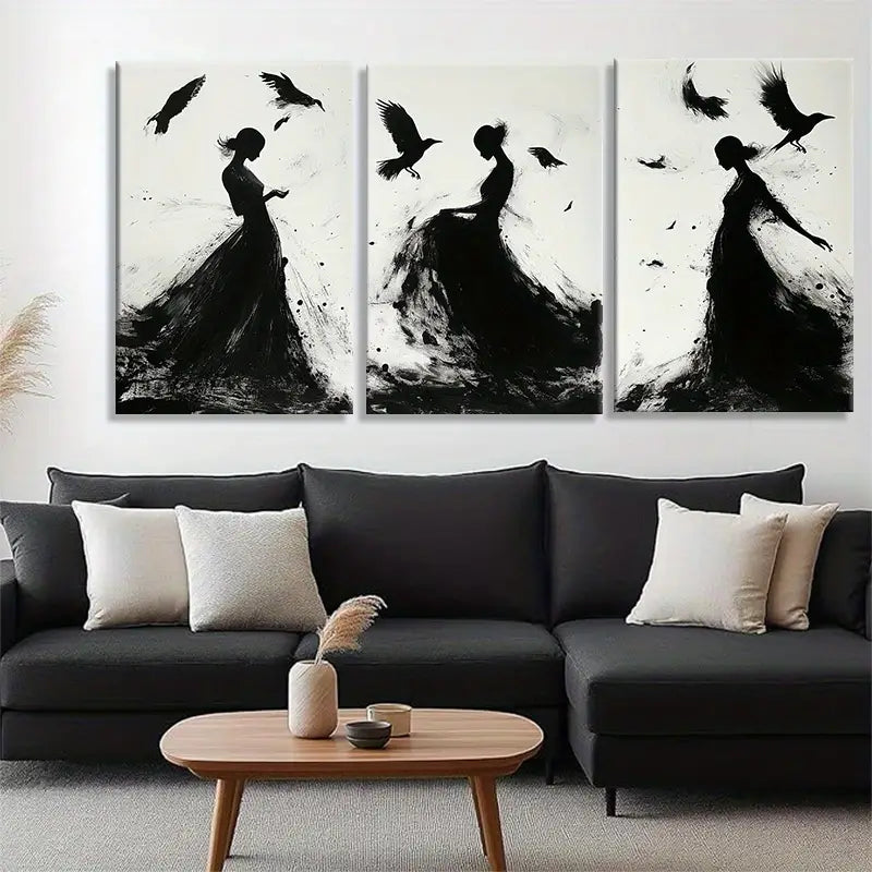 3pcs Silhouettes with Birds and Fluid Black & White Metal Print Ready to Hang Art