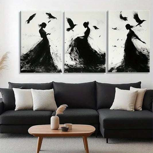 3pcs Silhouettes with Birds and Fluid Black & White Metal Print Ready to Hang Art