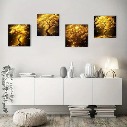 4pcs Vintage Golden Fortune Tree Wall Art Canvas Framed