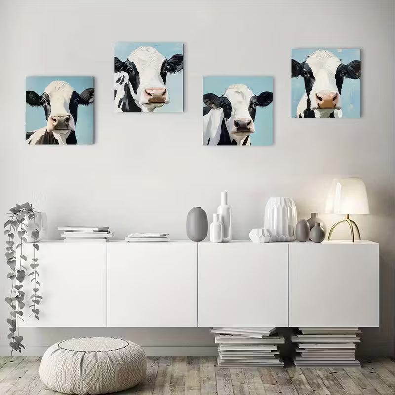 4pcs Cute Cow Face Wall Art Canvas Framed