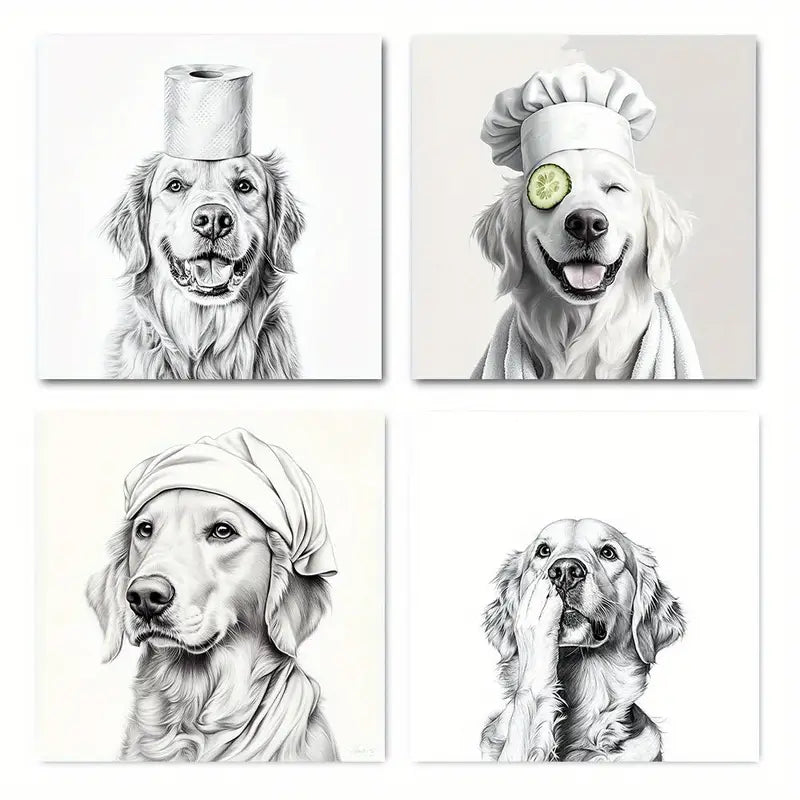 4pcs  Fun Golden Retrieve  Wall Art Canvas Framed