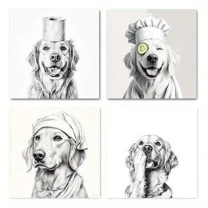 4pcs  Fun Golden Retrieve  Wall Art Canvas Framed