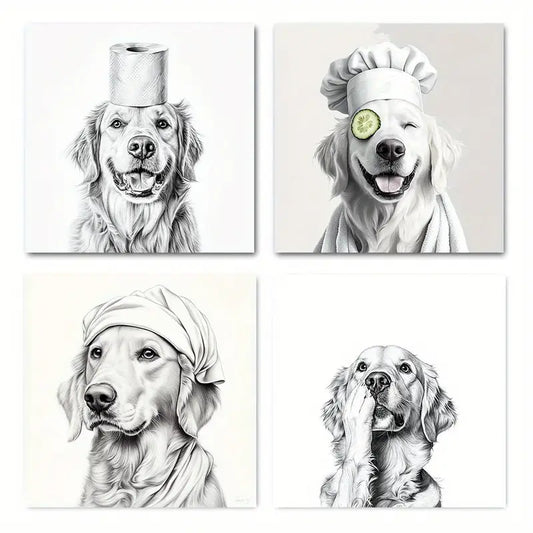 4pcs  Fun Golden Retrieve  Wall Art Canvas Framed