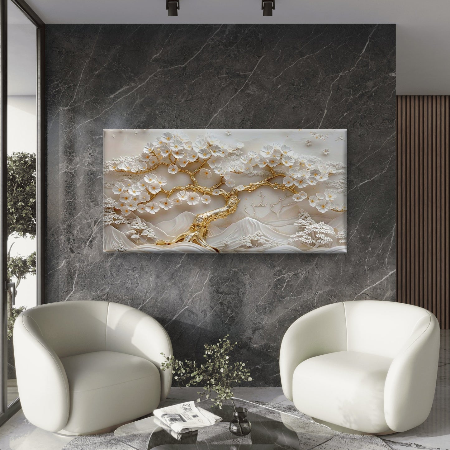 Golden Tree with White Flowers Wall Art Canvas Office Home Room Framed 120x60cm