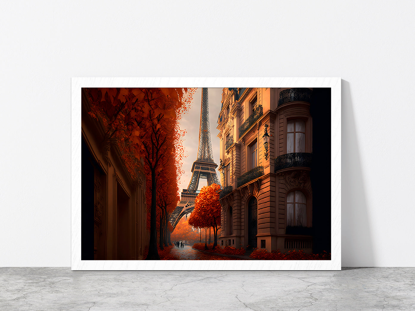 Eiffel Tower In Paris & Autumn Street Print Glass Framed Wall Art, Ready to Hang Quality Print Without White Border White