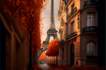 Eiffel Tower In Paris & Autumn Street Print Glass Framed Wall Art, Ready to Hang Quality Print