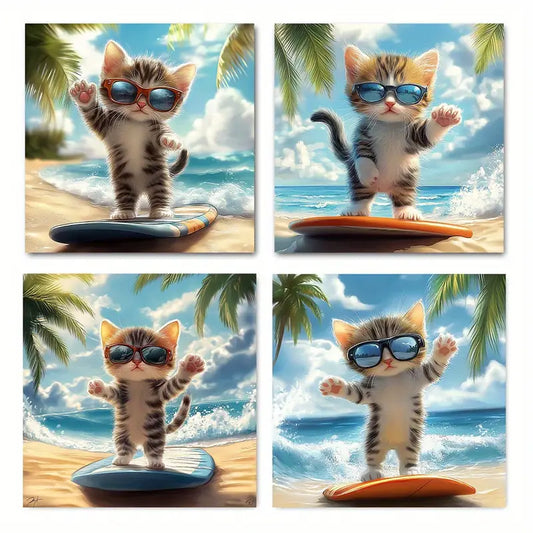 4pcs Playful Beach-Themed Kitten Prints Wall Art Canvas Framed