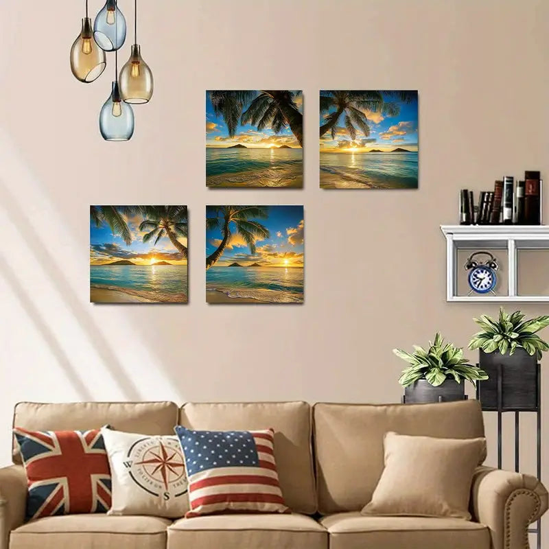 4pcs  Tropical Beach Sunset with Palm  TB Wall Art Canvas Framed