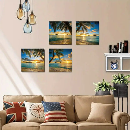 4pcs  Tropical Beach Sunset with Palm  TB Wall Art Canvas Framed
