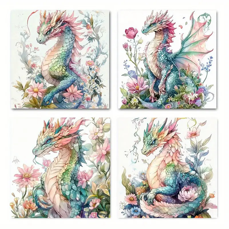 4pcs Vibrant Dragon & Floral Canvas Art Prints Wall Art Canvas Framed