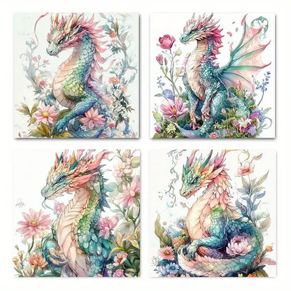 4pcs Vibrant Dragon & Floral Canvas Art Prints Wall Art Canvas Framed