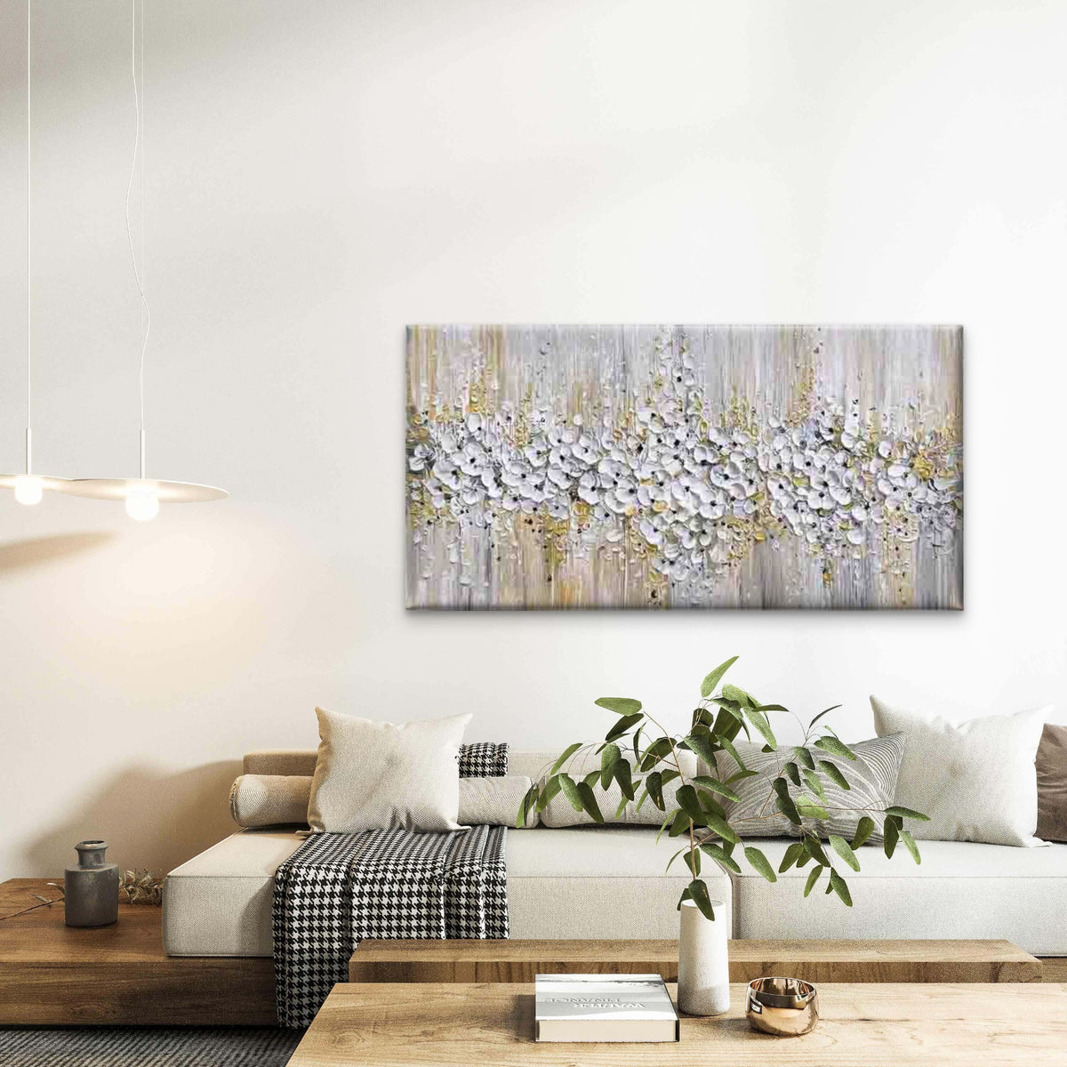 Abstract White Flowers Painting Wall Art Canvas Office Home Room Framed 120x60cm