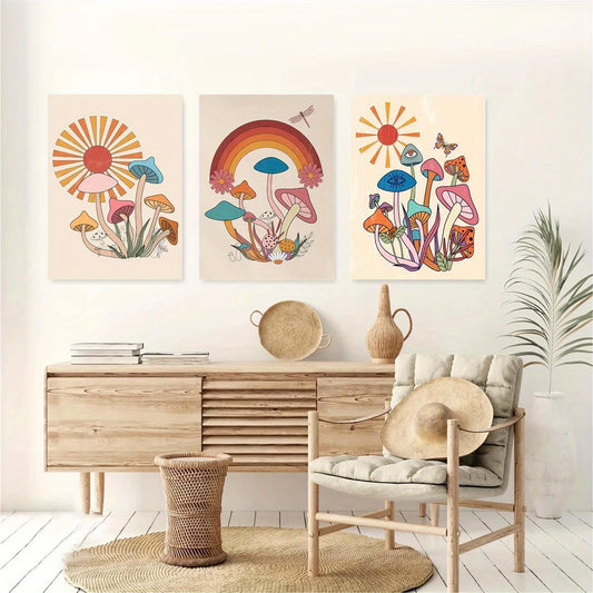 3pcs Mushroom Art, Boho, Bohemian Style Metal Print Ready to Hang Art