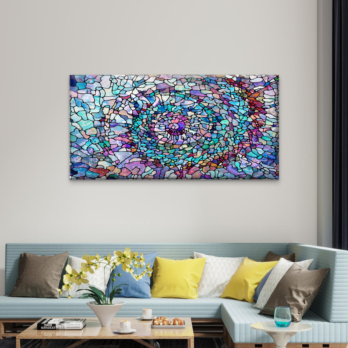 Blue Purple Mosaic Tile Style Wall Art Canvas Office Home Room Framed 120x60cm