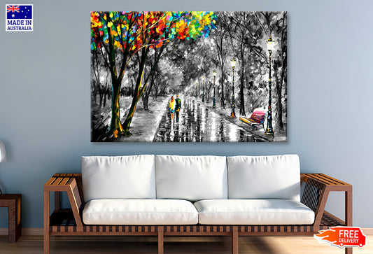 Colorful Leaves Tree & Couple with B&W Forest Painting Wall Art Limited Edition High Quality Print