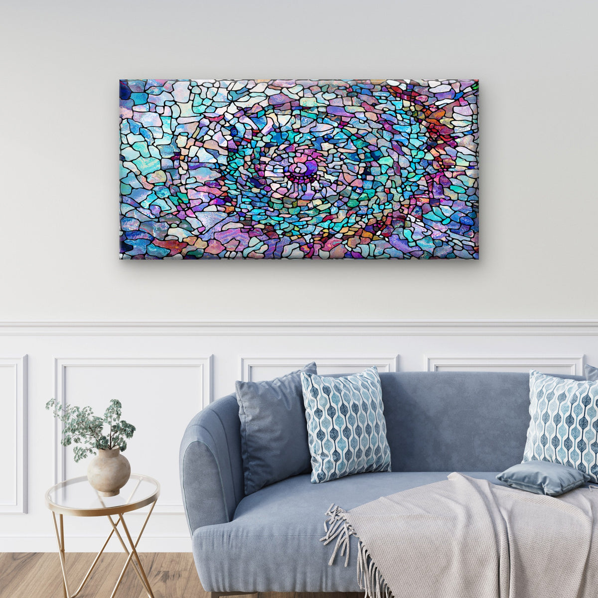 Blue Purple Mosaic Tile Style Wall Art Canvas Office Home Room Framed 120x60cm