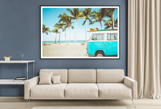 A Blue Van Parked On a Beach with Palm Trees Home Decor Premium Quality Poster Print Choose Your Sizes