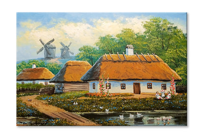 House in the Woods Windmill & Lake Oil Painting Wall Art Limited Edition High Quality Print Stretched Canvas None