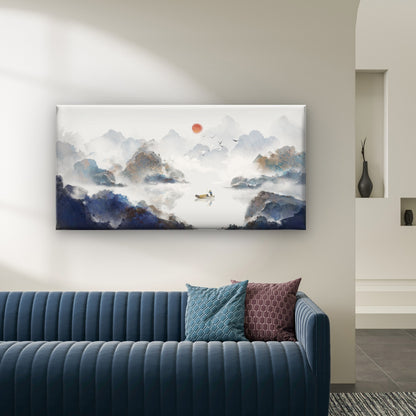 Chinese Ink Wash Mountain Boat Wall Art Canvas Office Home Room Framed 120x60cm