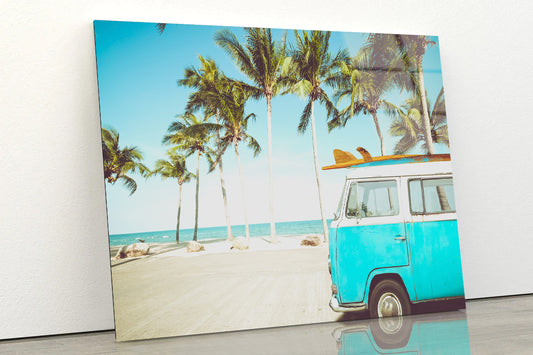 A Blue Van Parked On a Beach with Palm Trees Acrylic Glass Print Tempered Glass Wall Art 100% Made in Australia Ready to Hang