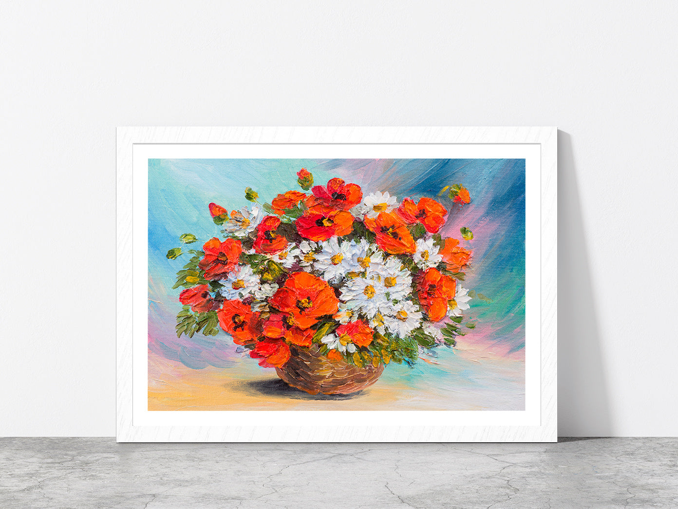 Flower Bouquet Of Poppies & Daisies Glass Framed Wall Art, Ready to Hang Quality Print With White Border White