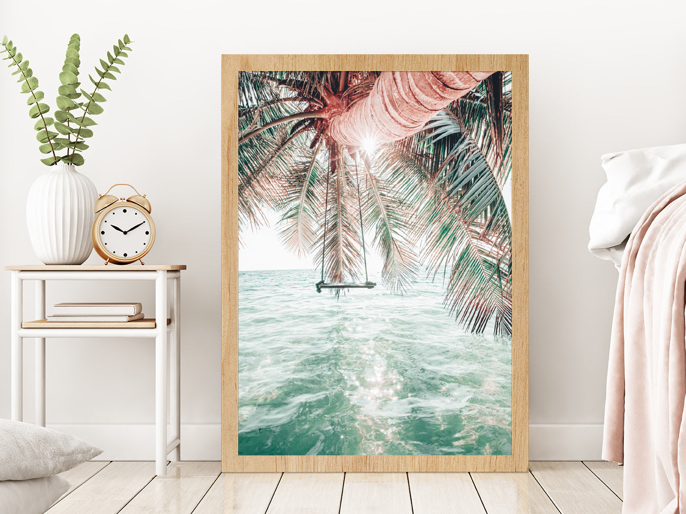 Palm Tree & Clear Water Sea Photograph Glass Framed Wall Art, Ready to Hang Quality Print Without White Border Oak