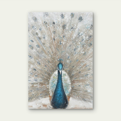 Neutral Blue Teal Peacock Feather Impression 40x60cm Metal Print Ready to Hang