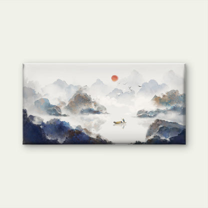 Chinese Ink Wash Mountain Boat Wall Art Canvas Office Home Room Framed 120x60cm