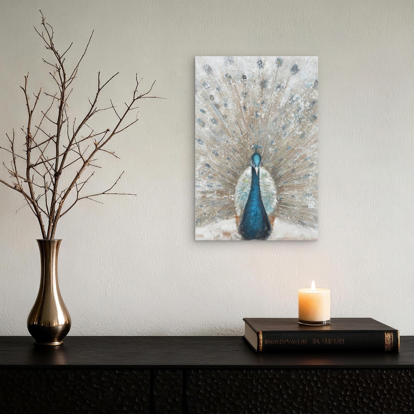 Neutral Blue Teal Peacock Feather Impression 40x60cm Metal Print Ready to Hang