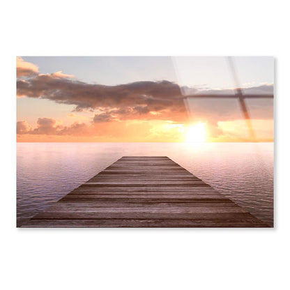 Golden Sea Sunset View of Pier or Jetty in The Tropical in The Summer Acrylic Glass Print Tempered Glass Wall Art 100% Made in Australia Ready to Hang