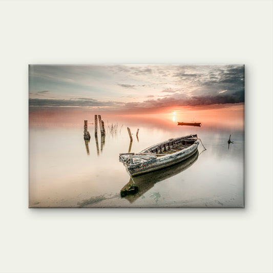 Moody Sunset with Rustic Old Boat Calm Coastal Reflection Wall Art Decor 100% Australian Made