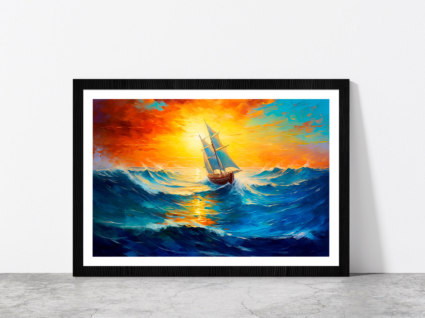 Sailboat Boat At Sunset On The Ocean Glass Framed Wall Art, Ready to Hang Quality Print With White Border Black