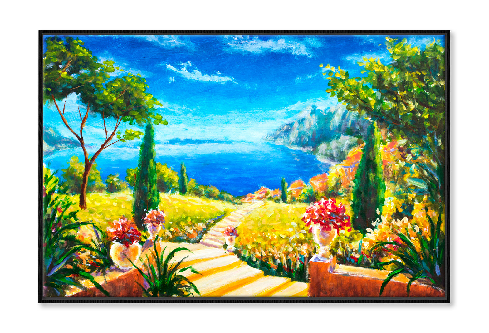 Road To The Ocean, Vases With Flowers & Beautiful Mountains Oil Painting Wall Art Limited Edition High Quality Print Canvas Box Framed Black