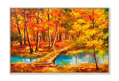 Autumn Forest Near The River, Orange Leaves Oil Painting Limited Edition High Quality Print Canvas Box Framed Natural