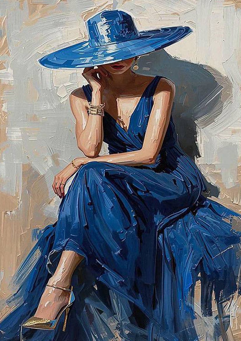 Woman in a Blue Hat And Dress with Diamond Painting Fashion Home Decor Premium Quality Poster Print Choose Your Sizes