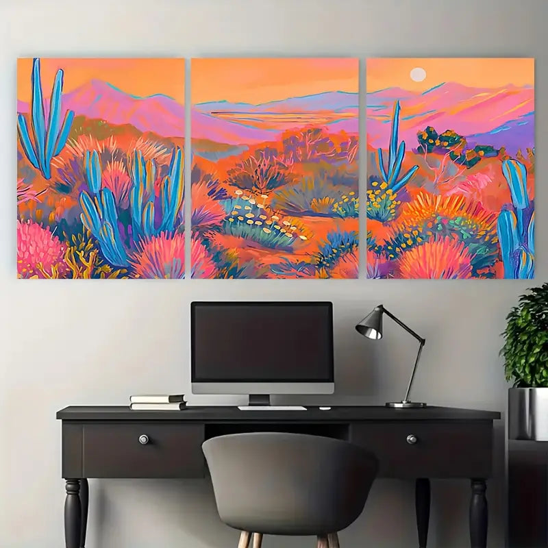 3pcs Vibrant Neon Canyon Cactus Desert Metal Print Ready to Hang Art