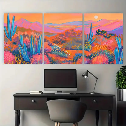 3pcs Vibrant Neon Canyon Cactus Desert Metal Print Ready to Hang Art