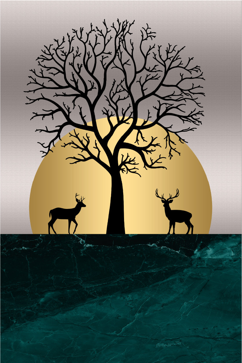 Gold Moon Deer Forest Silhouette 40x60cm Metal Print Ready to Hang