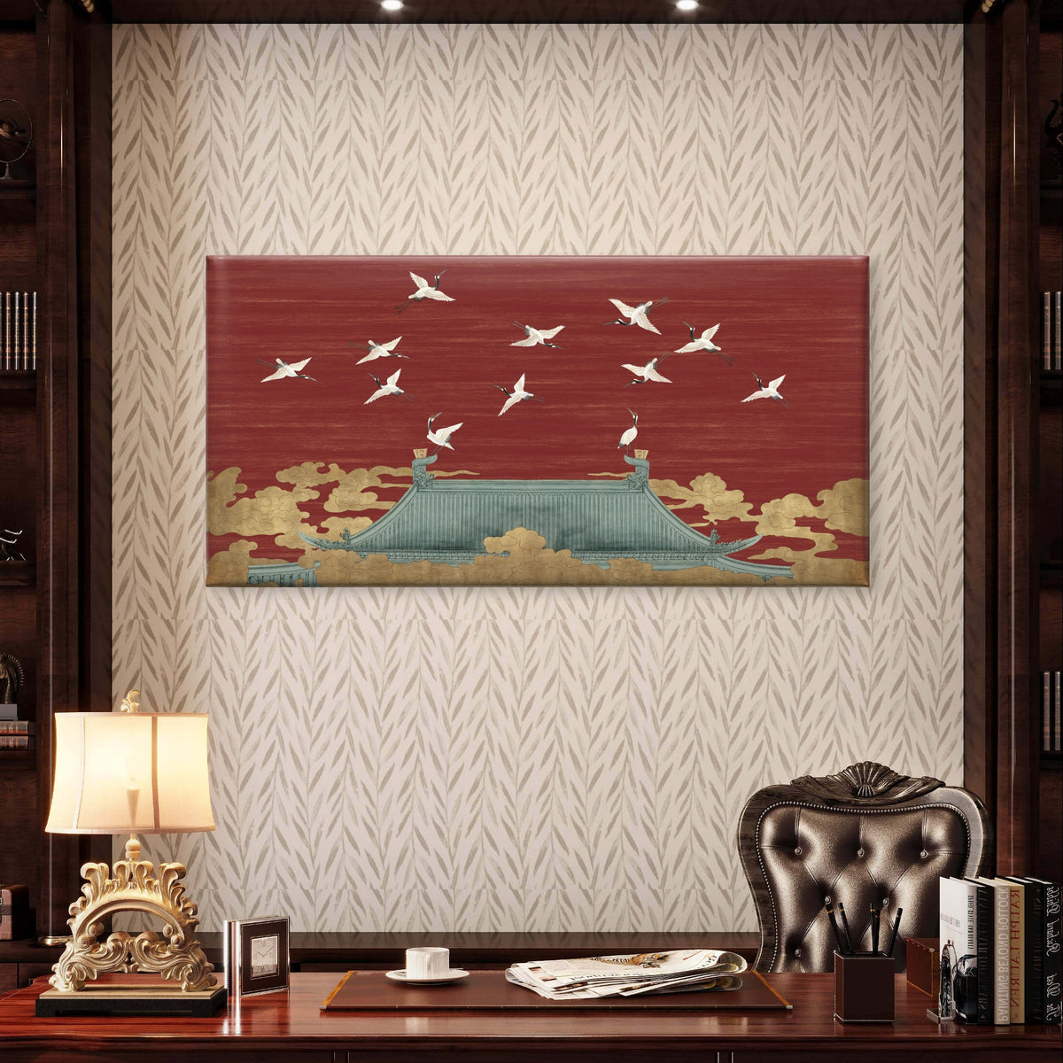 Red Asian Temple Flying Cranes Sky Painting Wall Art Canvas Office Home Framed 120x60cm