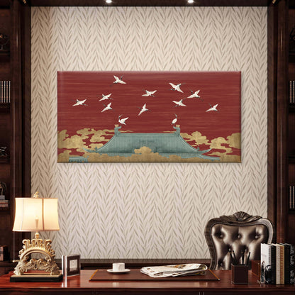 Red Asian Temple Flying Cranes Sky Painting Wall Art Canvas Office Home Framed 120x60cm
