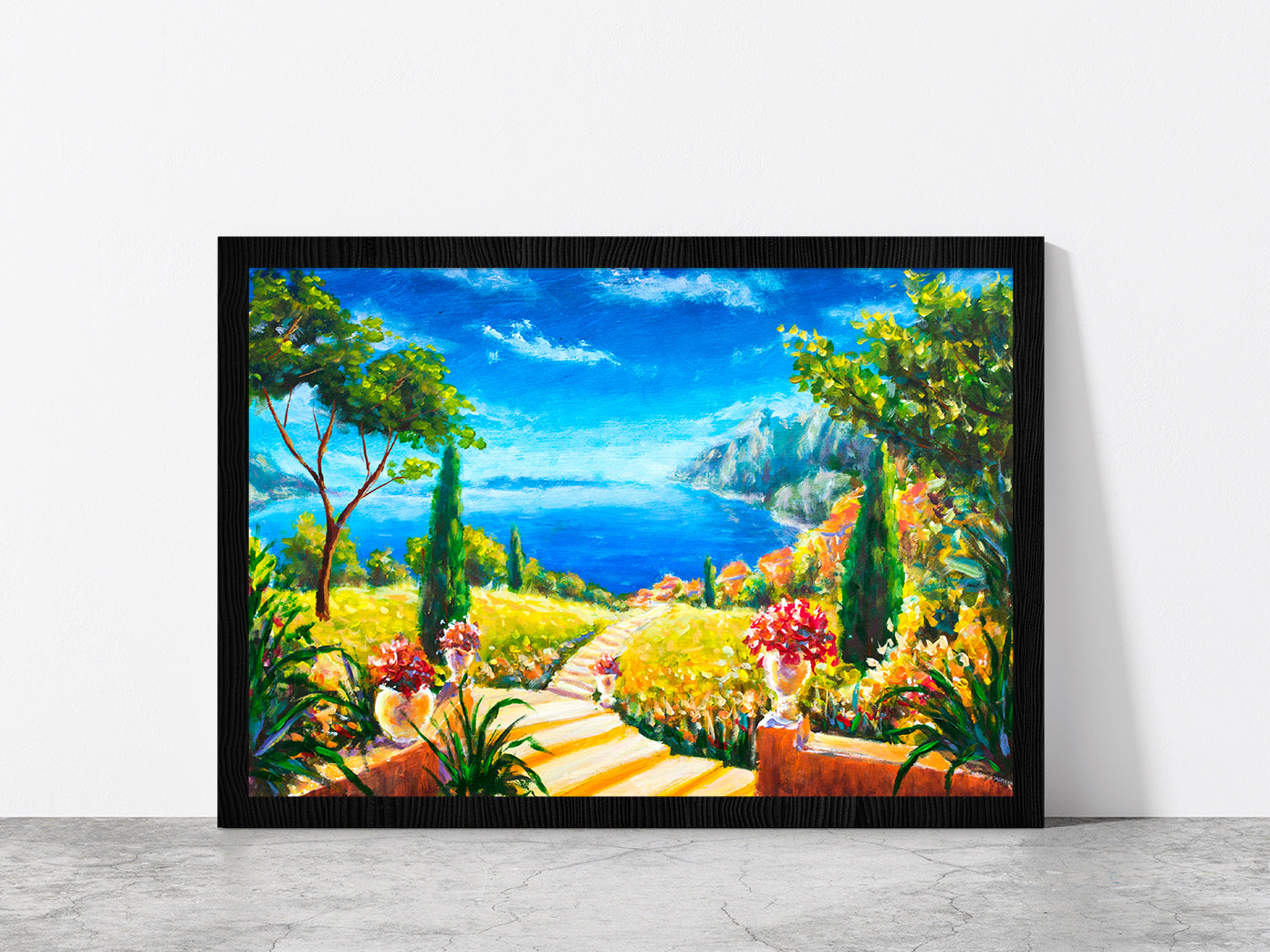 Road To The Ocean, Vases With Flowers & Beautiful Mountains Glass Framed Wall Art, Ready to Hang Quality Print Without White Border Black