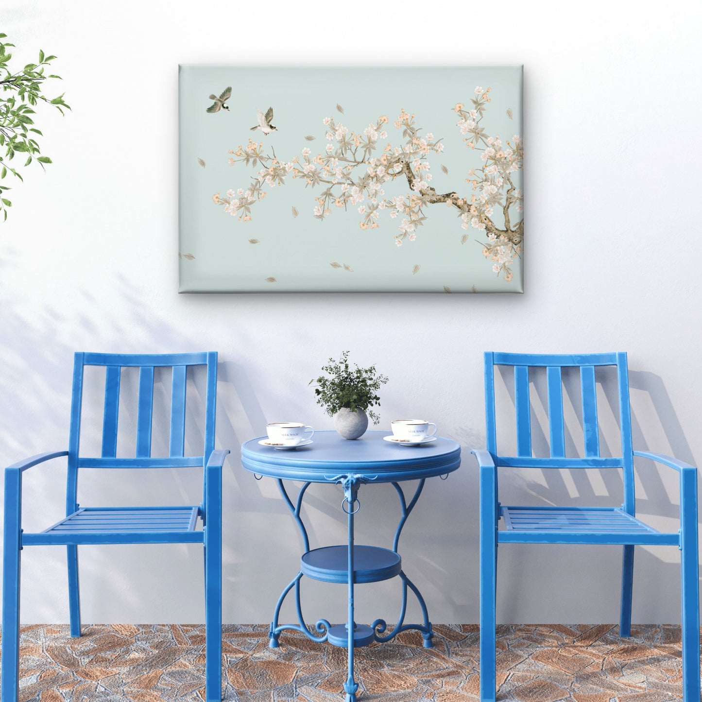 Chinoiserie Style Songbirds and Soft Green Blossoms Branch Wall Art Decor 100% Australian Made
