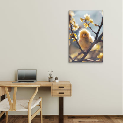 Adorable Yellow Chick Perched Tree Branch 40x60cm Metal Print Ready to Hang