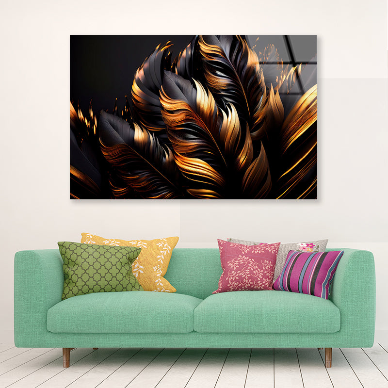 Black and Gold Feathers Acrylic Glass Print Tempered Glass Wall Art 100% Made in Australia Ready to Hang