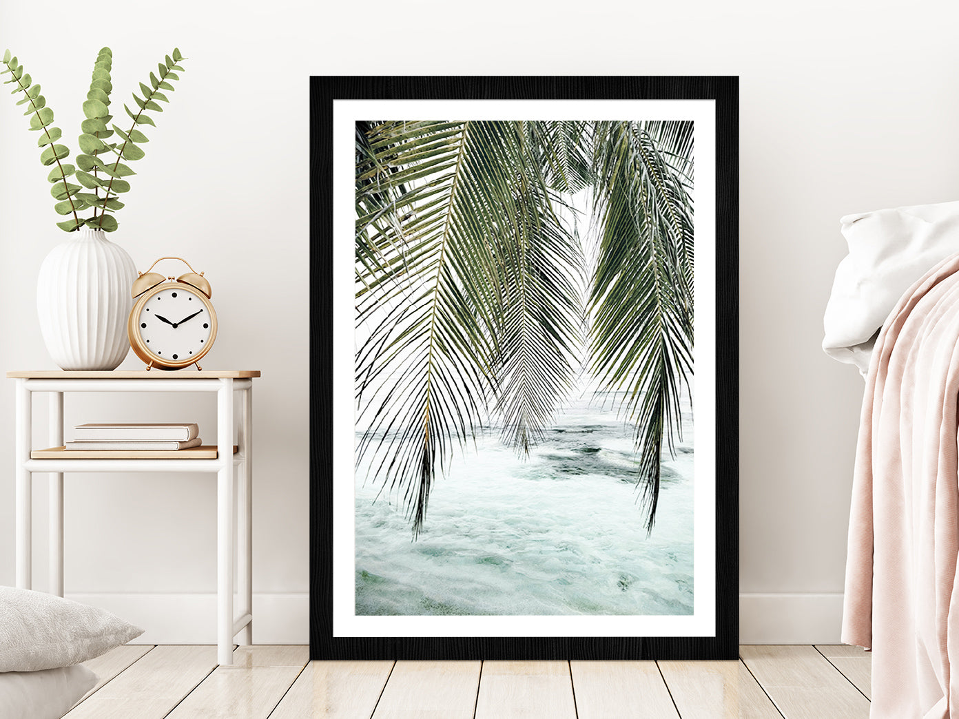 Palm Leaves & Calm Sea Photograph Glass Framed Wall Art, Ready to Hang Quality Print With White Border Black